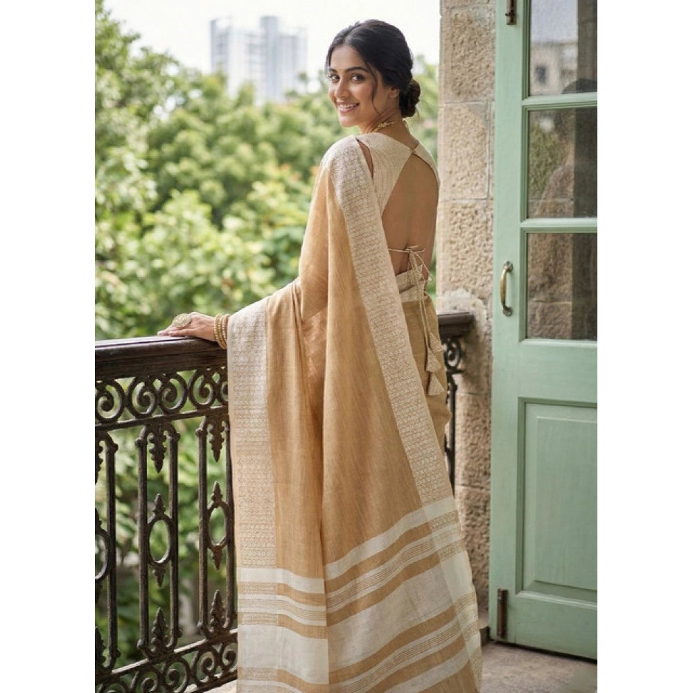 Women's Linen Striped Saree With Unstitched Blouse 5.5 Mtr (Mustard Yellow)
