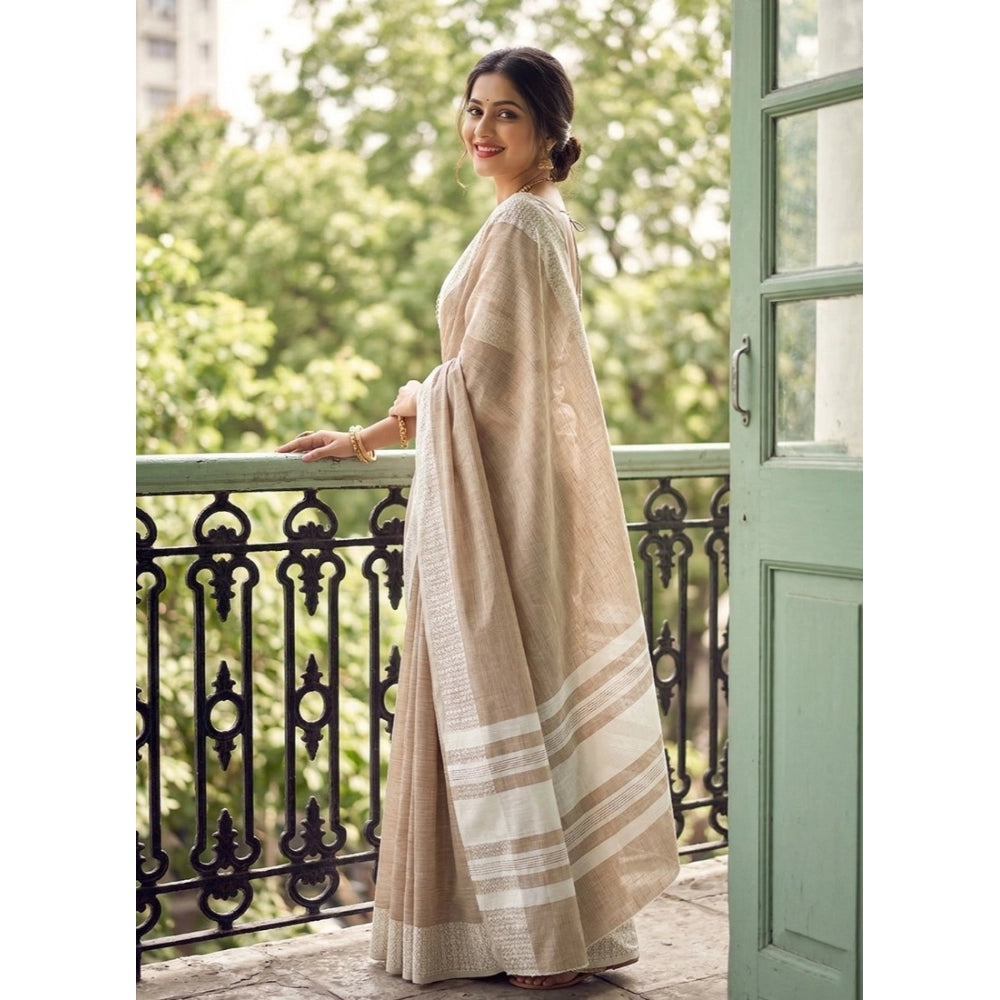 Women's Linen Striped Saree With Unstitched Blouse 5.5 Mtr (Lite Brown)