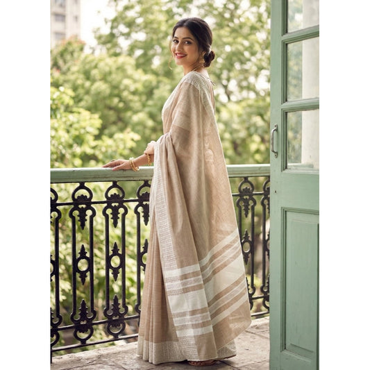 Women's Linen Striped Saree With Unstitched Blouse 5.5m (Lite Brown)