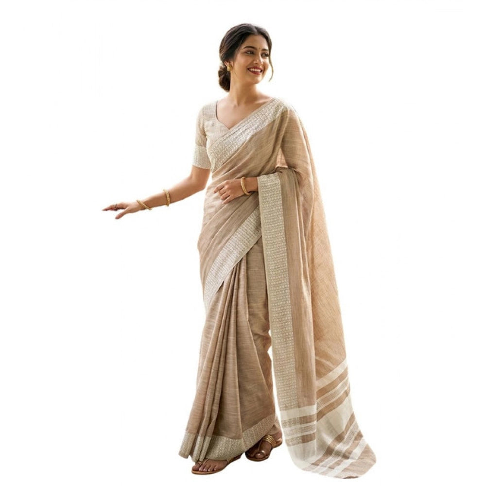Women's Linen Striped Saree With Unstitched Blouse 5.5 Mtr (Lite Brown)