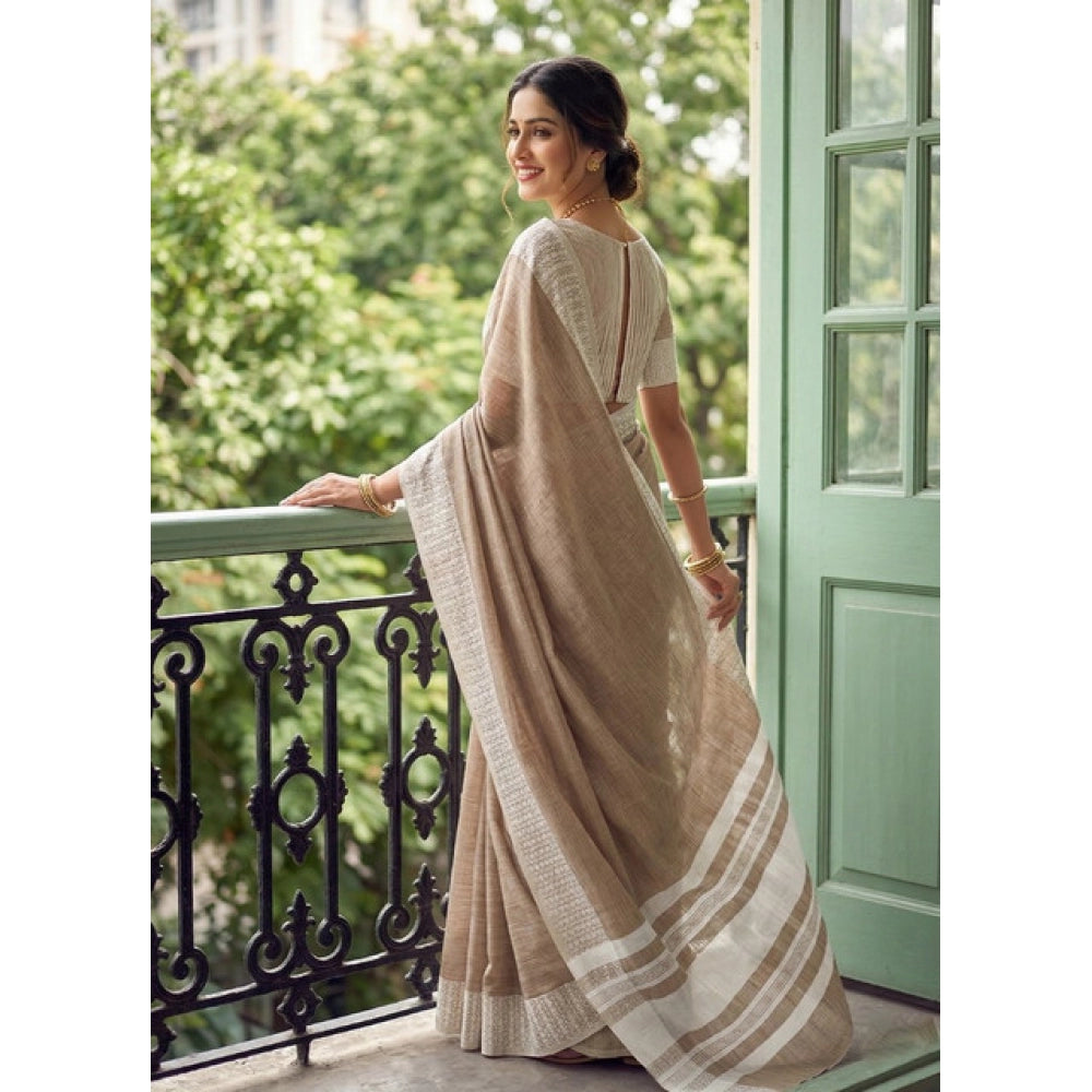 Women's Linen Striped Saree With Unstitched Blouse 5.5 Mtr (Lite Brown)