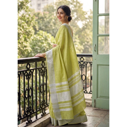 Women's Linen Striped Saree With Unstitched Blouse 5.5m (Light Green)