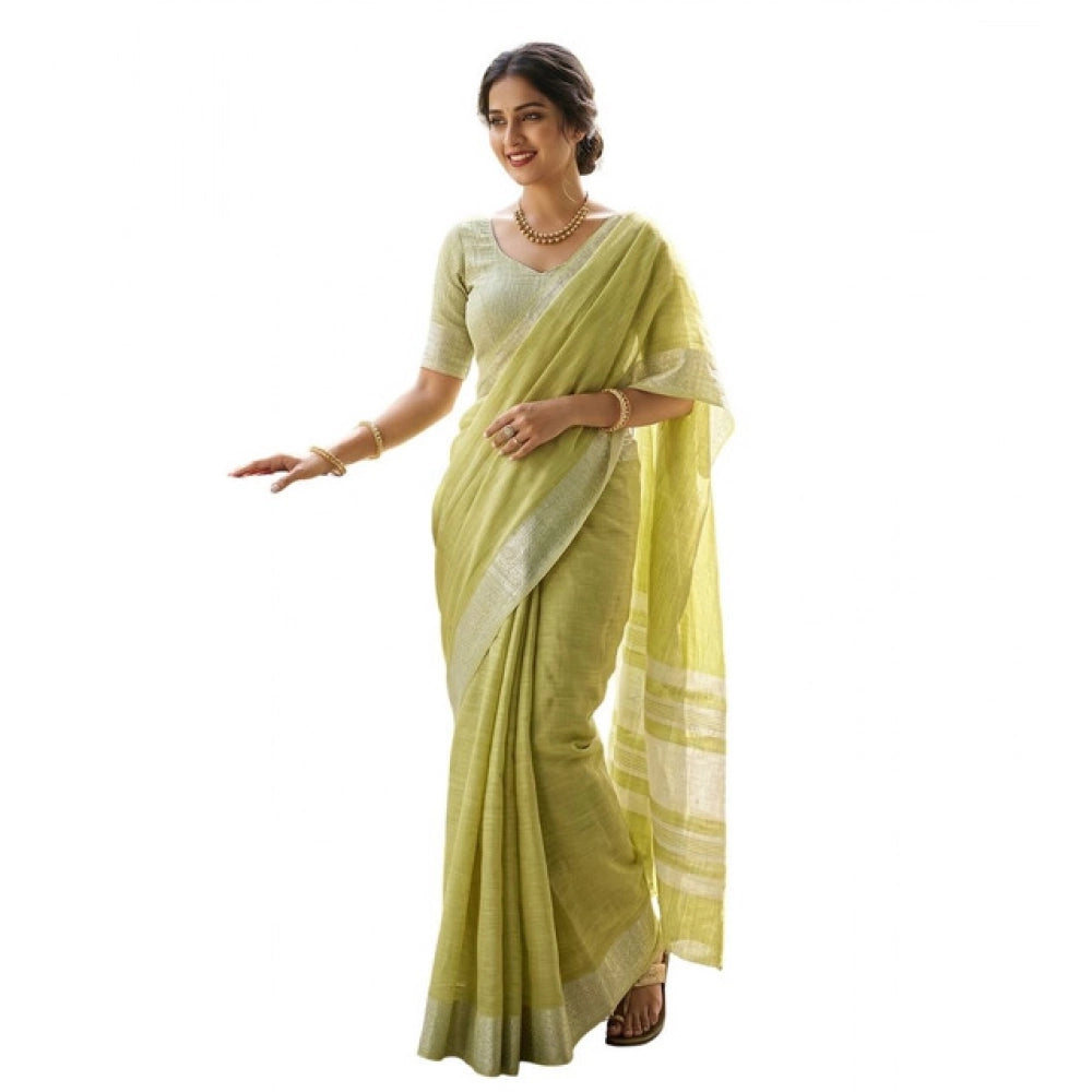 Women's Linen Striped Saree With Unstitched Blouse 5.5 Mtr (Light Green)