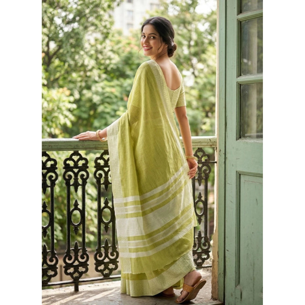 Women's Linen Striped Saree With Unstitched Blouse 5.5 Mtr (Light Green)