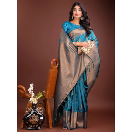 Women's Banarasi Silk Printed Saree With Unstitched Blouse 5.5m (Blue)
