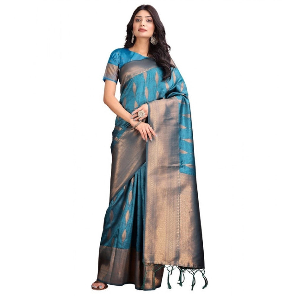 Women's Banarasi Silk Printed Saree With Unstitched Blouse 5.5 Mtr (Blue)