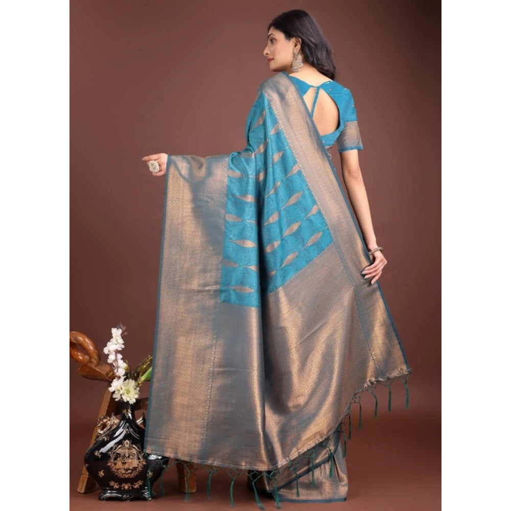 Women's Banarasi Silk Printed Saree With Unstitched Blouse 5.5 Mtr (Blue)