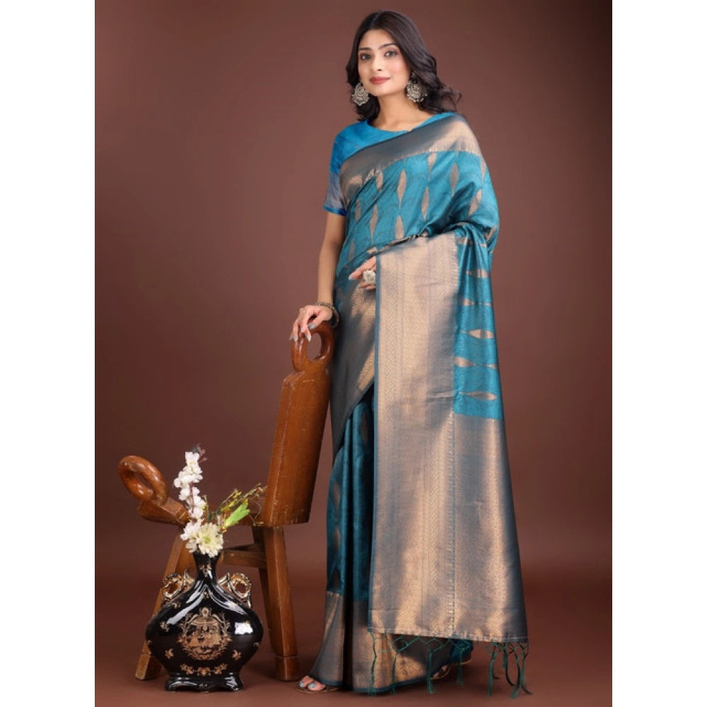 Women's Banarasi Silk Printed Saree With Unstitched Blouse 5.5 Mtr (Blue)