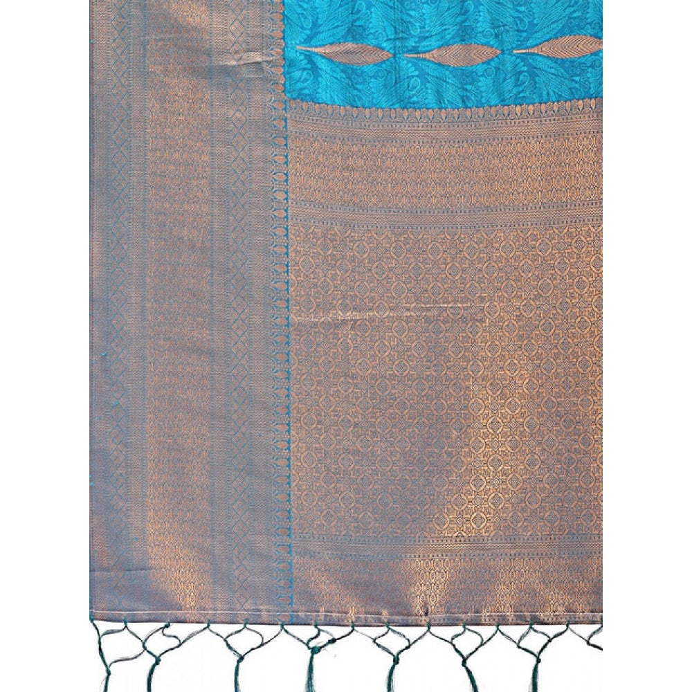 Women's Banarasi Silk Printed Saree With Unstitched Blouse 5.5 Mtr (Blue)