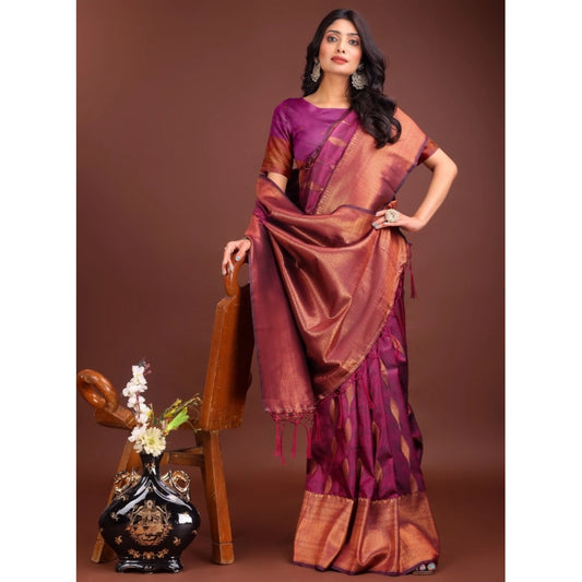 Women's Banarasi Silk Printed Saree With Unstitched Blouse 5.5m (Purple)