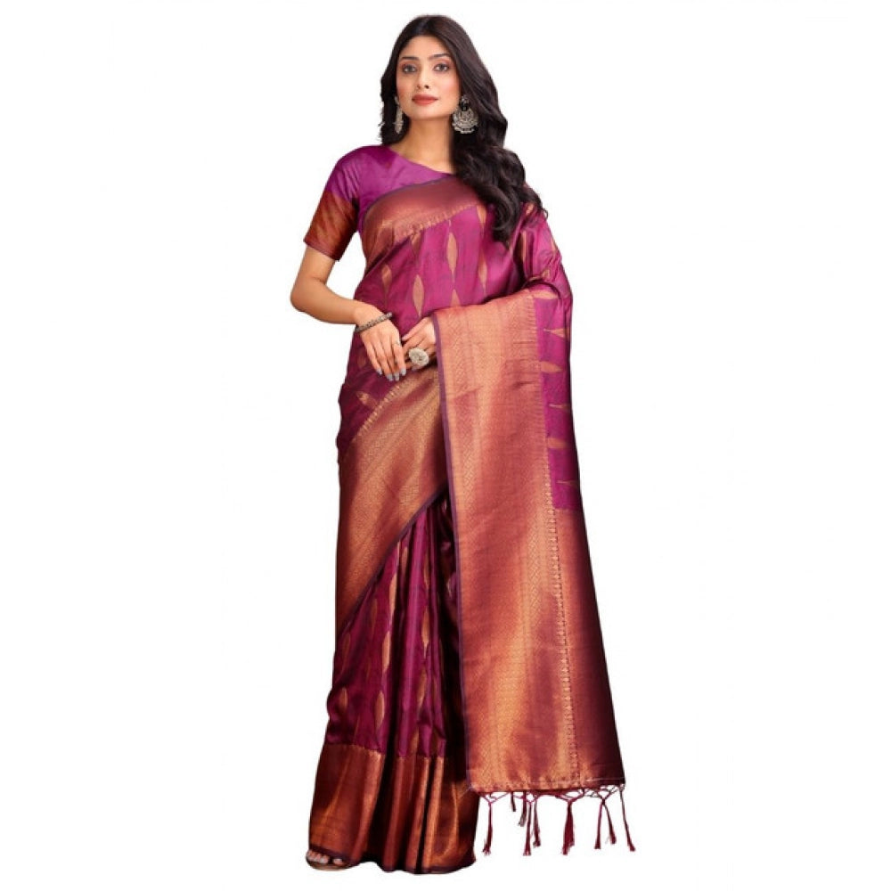 Women's Banarasi Silk Printed Saree With Unstitched Blouse 5.5 Mtr (Purple)