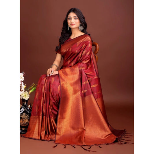 Women's Banarasi Silk Printed Saree With Unstitched Blouse 5.5m (Maroon)