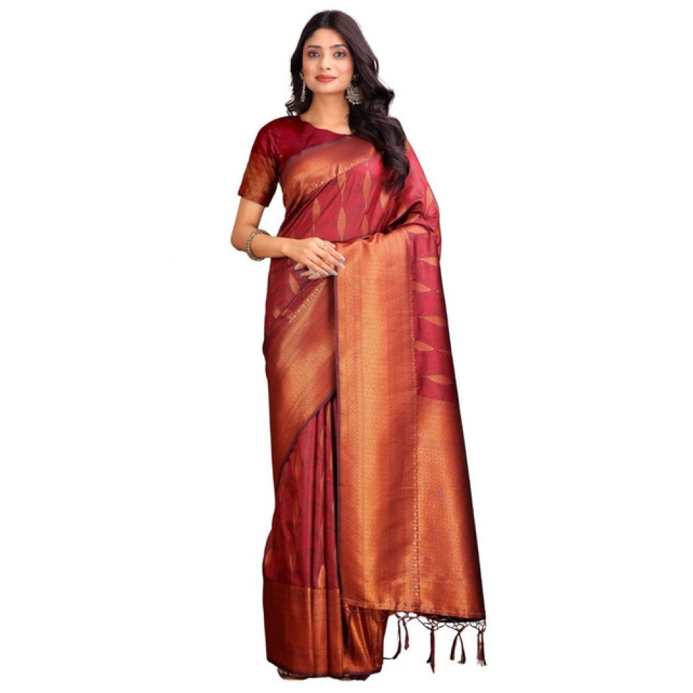 Women's Banarasi Silk Printed Saree With Unstitched Blouse 5.5 Mtr (Maroon)