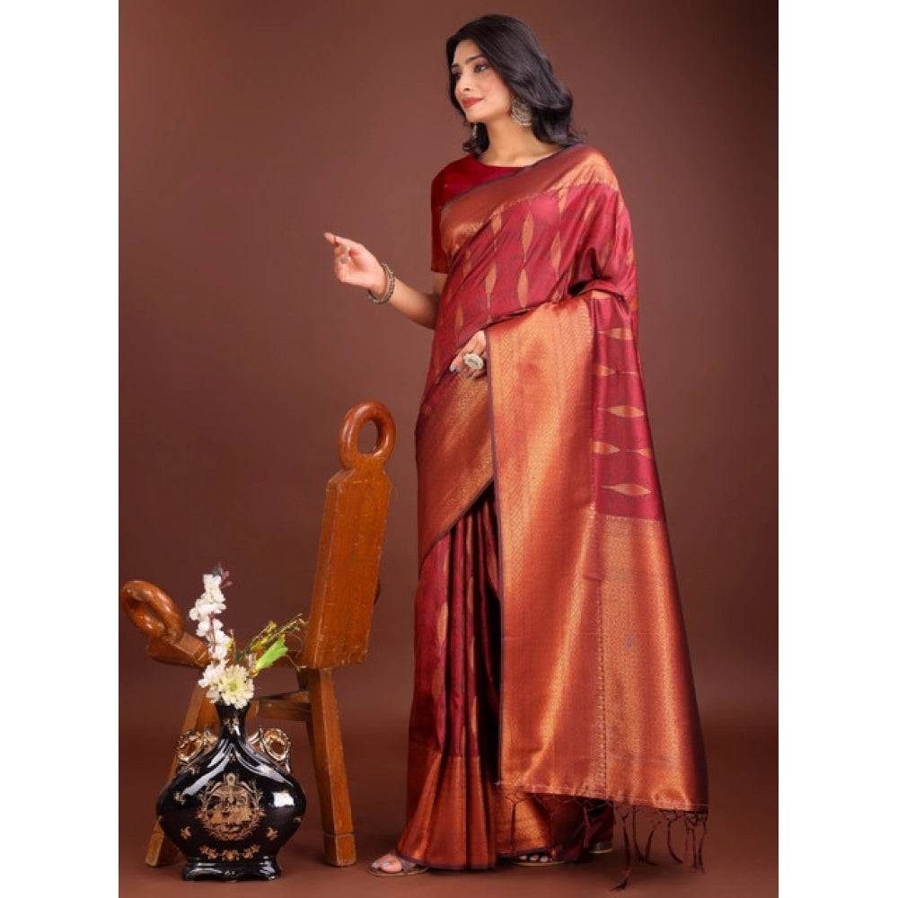 Women's Banarasi Silk Printed Saree With Unstitched Blouse 5.5 Mtr (Maroon)
