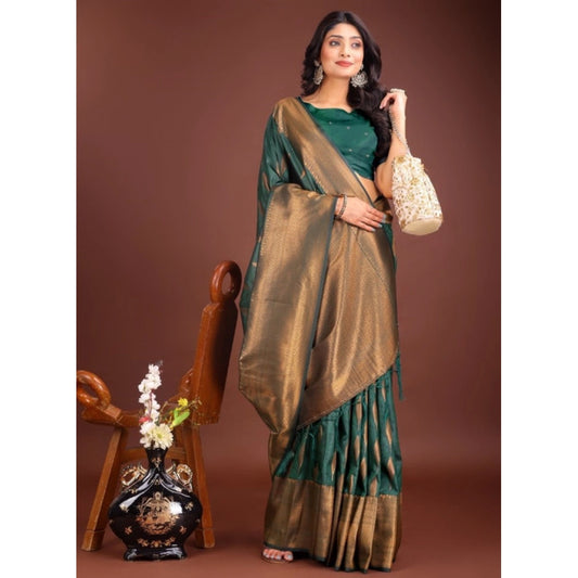 Women's Banarasi Silk Printed Saree With Unstitched Blouse 5.5m (Green)