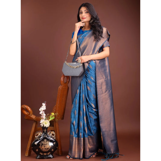 Women's Banarasi Silk Printed Saree With Unstitched Blouse 5.5m (Royal Blue)
