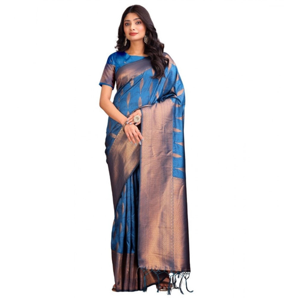 Women's Banarasi Silk Printed Saree With Unstitched Blouse 5.5 Mtr (Royal Blue)