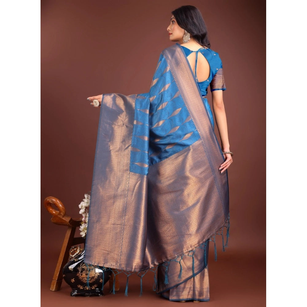 Women's Banarasi Silk Printed Saree With Unstitched Blouse 5.5 Mtr (Royal Blue)