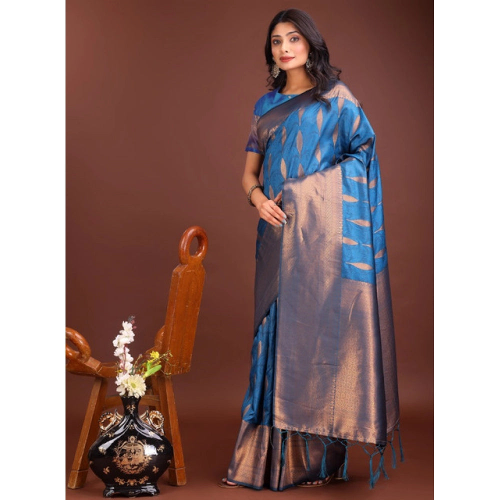Women's Banarasi Silk Printed Saree With Unstitched Blouse 5.5 Mtr (Royal Blue)