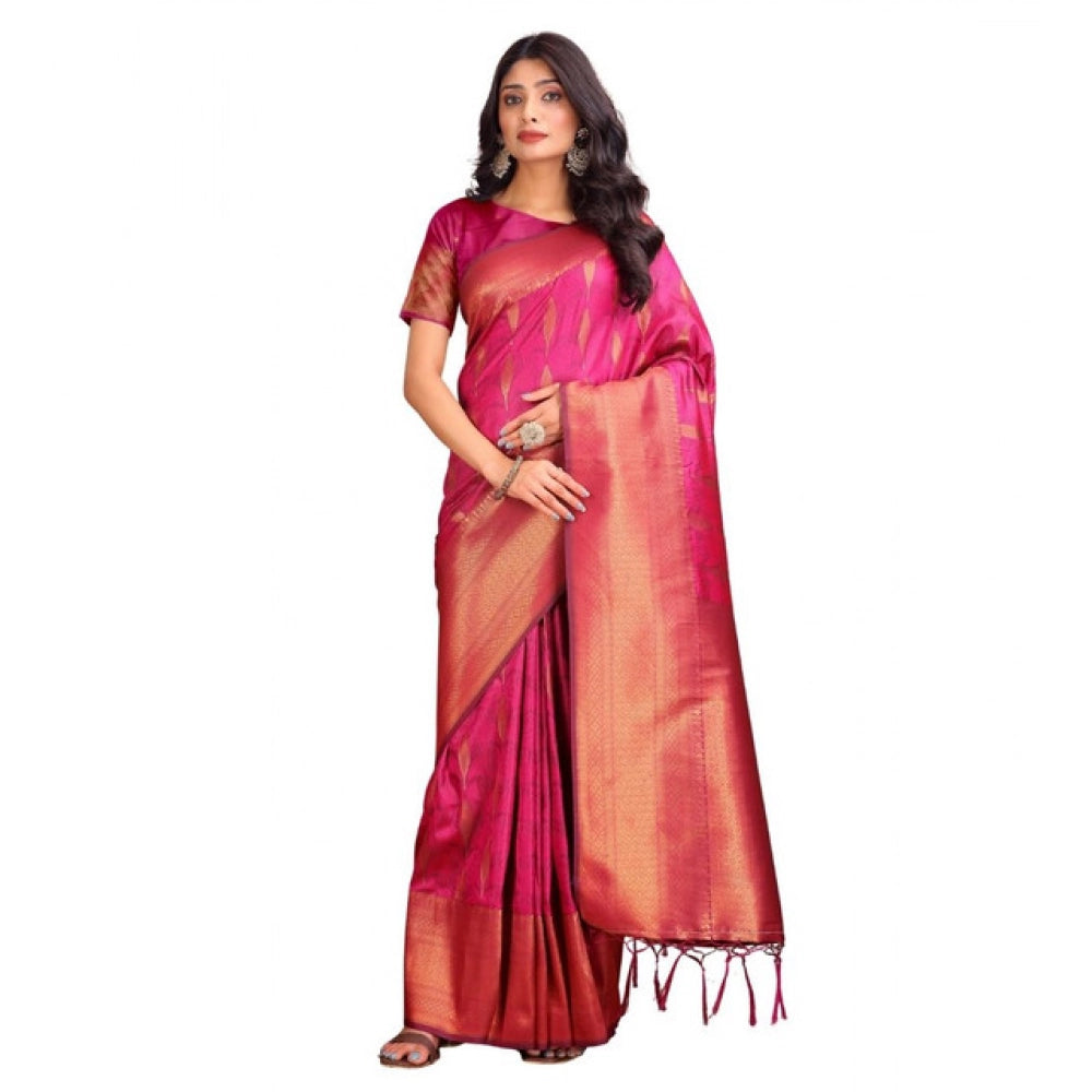 Women's Banarasi Silk Printed Saree With Unstitched Blouse 5.5 Mtr (Magenta)