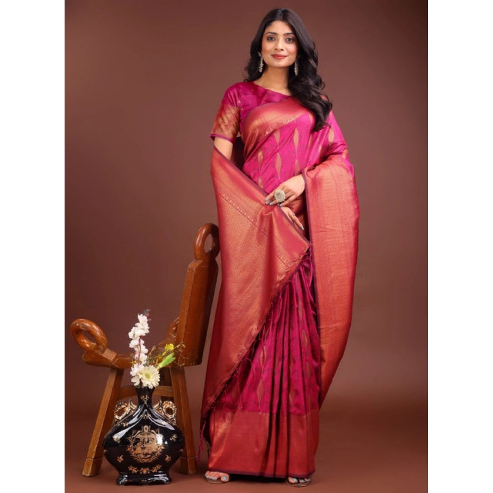 Women's Banarasi Silk Printed Saree With Unstitched Blouse 5.5 Mtr (Magenta)