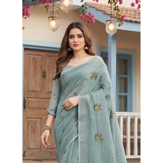 Women's Linen Embroidered Saree With Unstitched Blouse 5.5m (Sea Green)