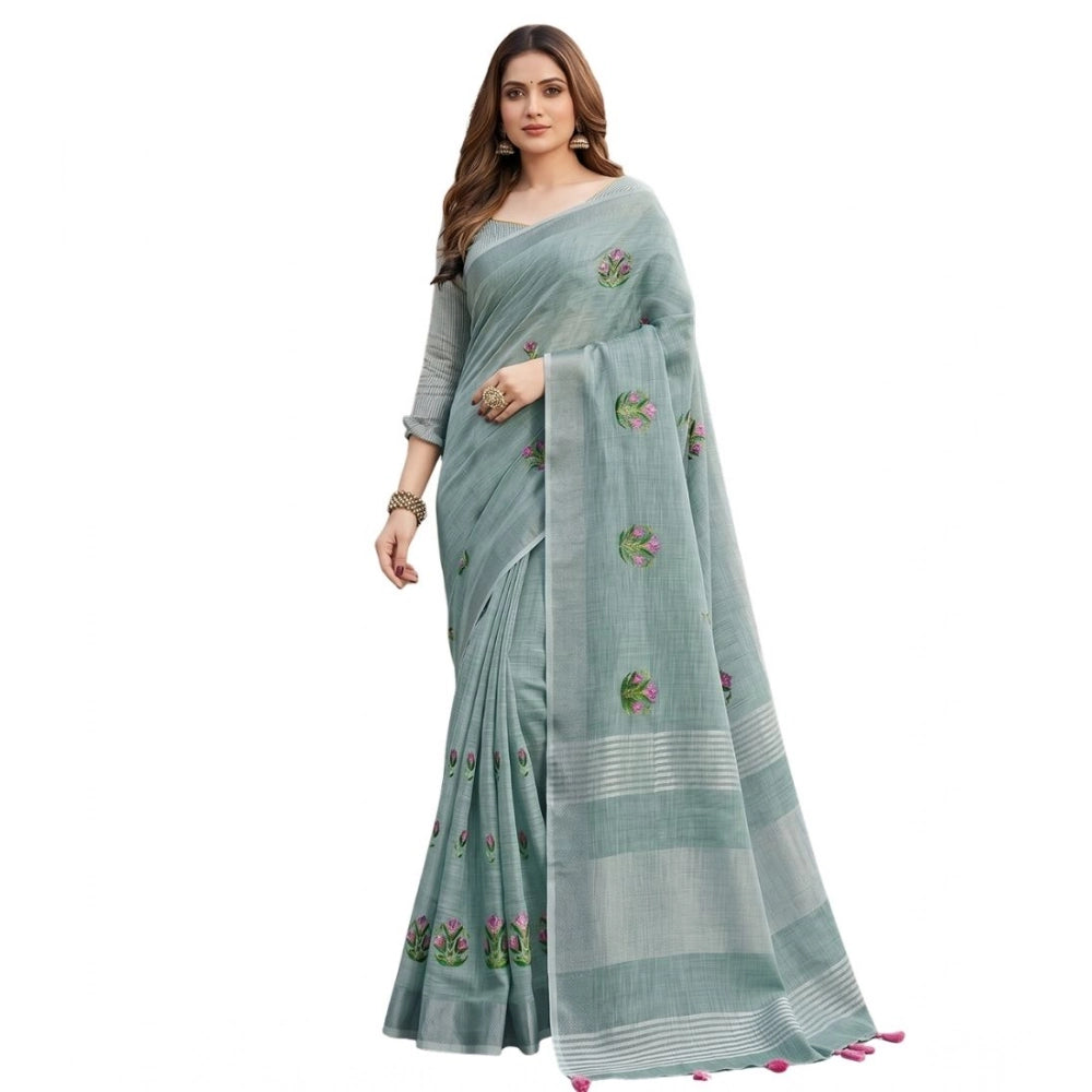 Women's Linen Embroidered Saree With Unstitched Blouse 5.5 Mtr (Sea Green)