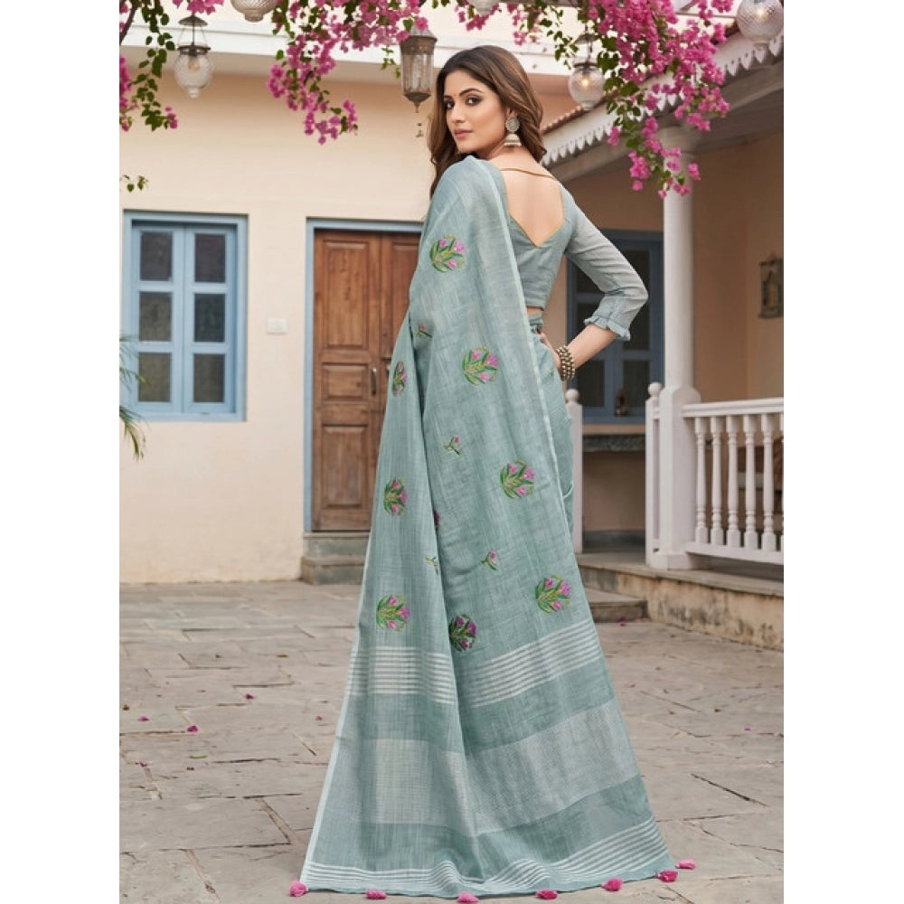 Women's Linen Embroidered Saree With Unstitched Blouse 5.5 Mtr (Sea Green)