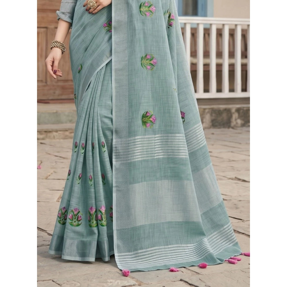 Women's Linen Embroidered Saree With Unstitched Blouse 5.5 Mtr (Sea Green)