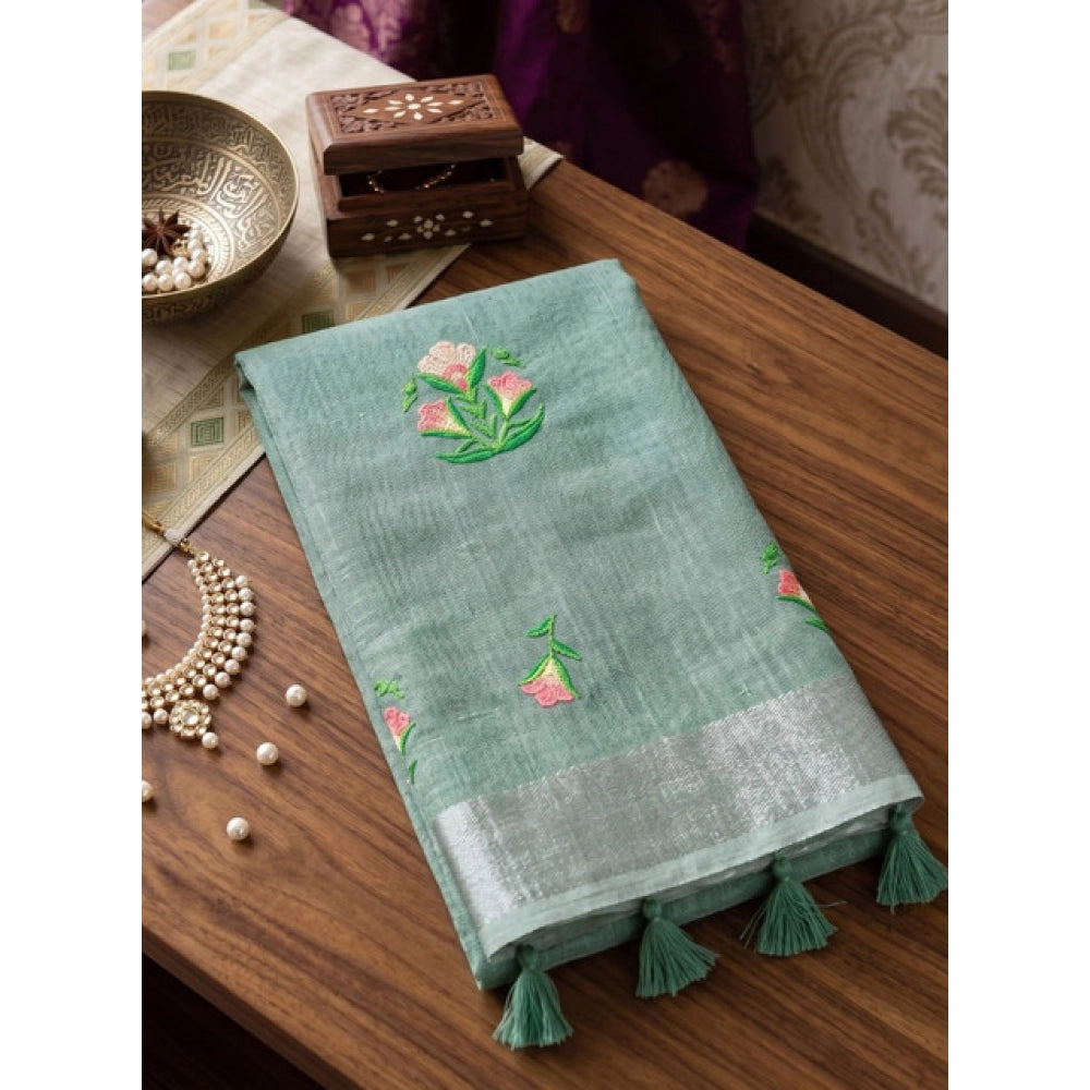 Women's Linen Embroidered Saree With Unstitched Blouse 5.5 Mtr (Sea Green)
