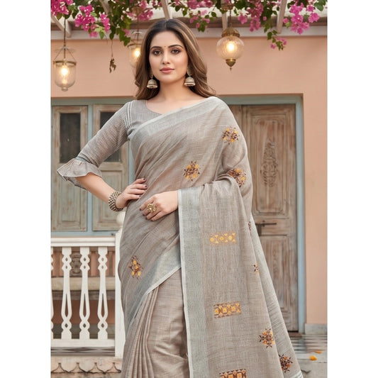 Women's Linen Embroidered Saree With Unstitched Blouse 5.5m (Light Beige)