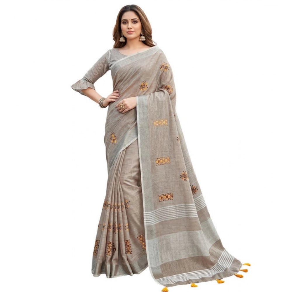 Women's Linen Embroidered Saree With Unstitched Blouse 5.5 Mtr (Light Beige)