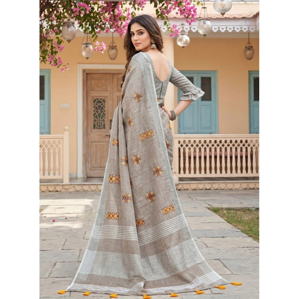 Women's Linen Embroidered Saree With Unstitched Blouse 5.5 Mtr (Light Beige)