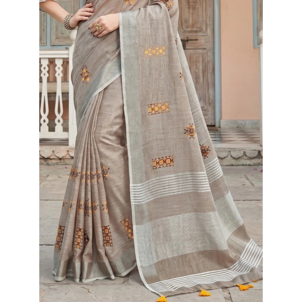 Women's Linen Embroidered Saree With Unstitched Blouse 5.5 Mtr (Light Beige)