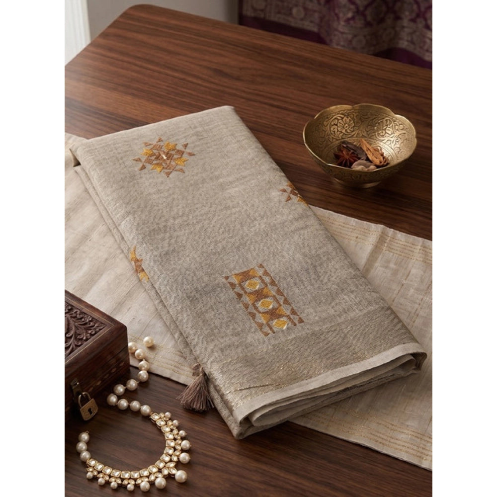 Women's Linen Embroidered Saree With Unstitched Blouse 5.5 Mtr (Light Beige)