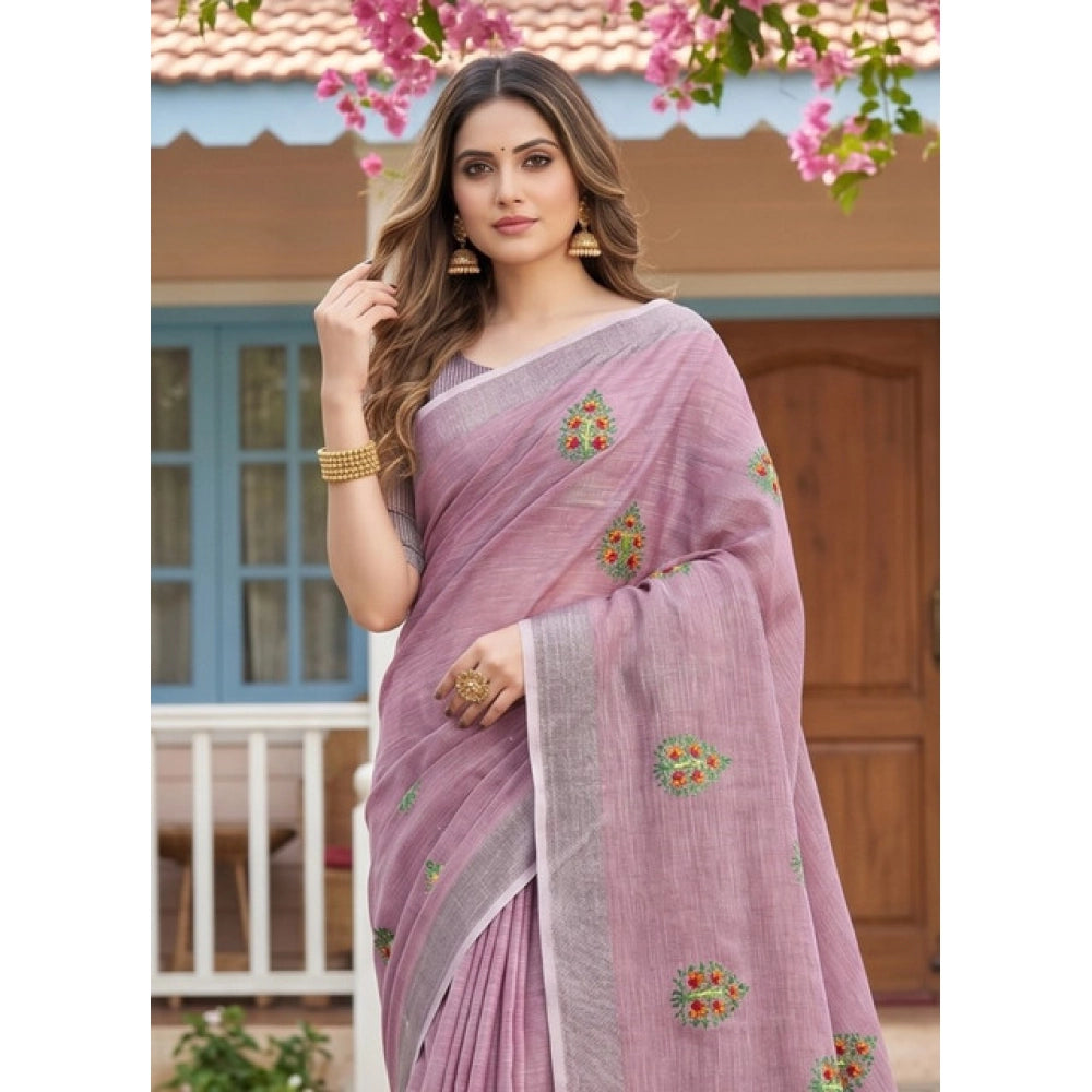 Women's Linen Embroidered Saree With Unstitched Blouse 5.5 Mtr (Light Purple)