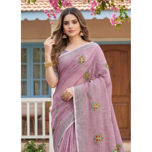 Women's Linen Embroidered Saree With Unstitched Blouse 5.5m (Light Purple)