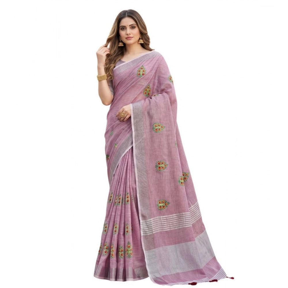 Women's Linen Embroidered Saree With Unstitched Blouse 5.5 Mtr (Light Purple)