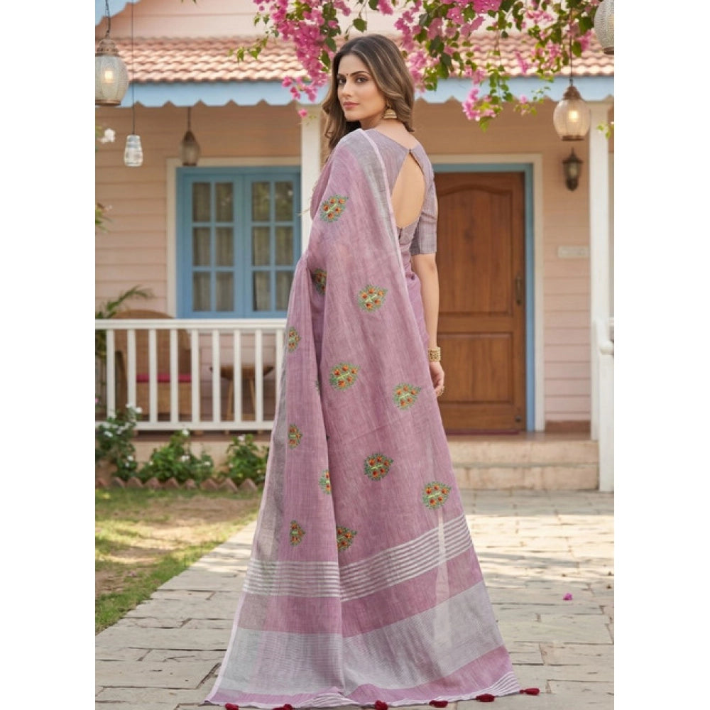 Women's Linen Embroidered Saree With Unstitched Blouse 5.5 Mtr (Light Purple)
