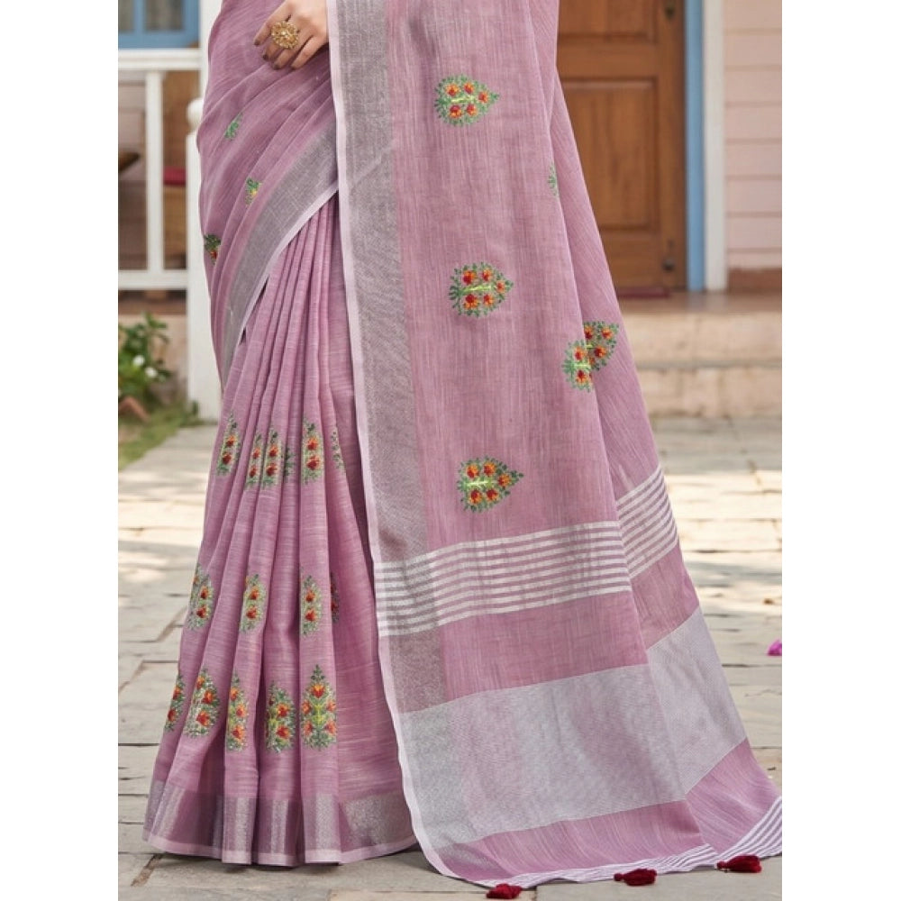 Women's Linen Embroidered Saree With Unstitched Blouse 5.5 Mtr (Light Purple)