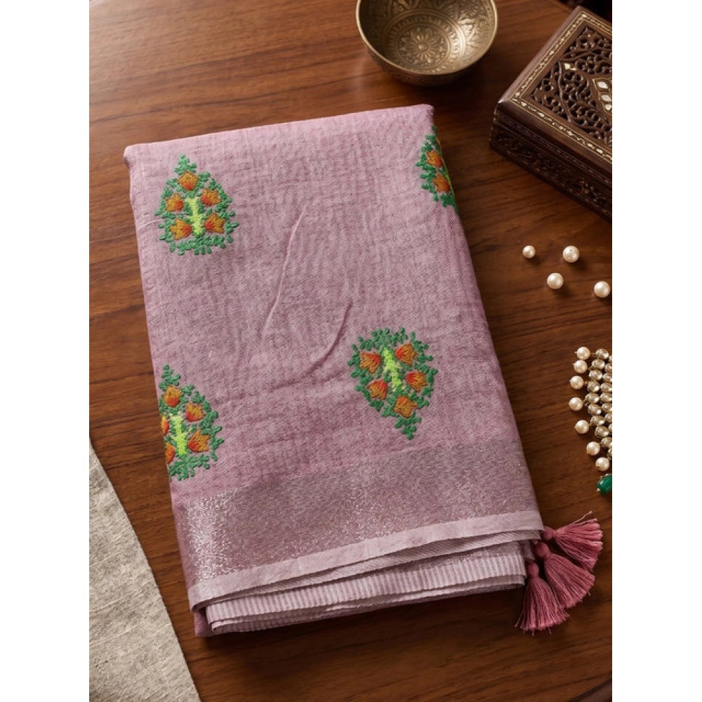 Women's Linen Embroidered Saree With Unstitched Blouse 5.5 Mtr (Light Purple)