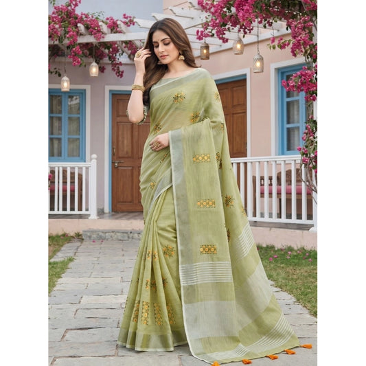 Women's Linen Embroidered Saree With Unstitched Blouse 5.5m (Light Green)