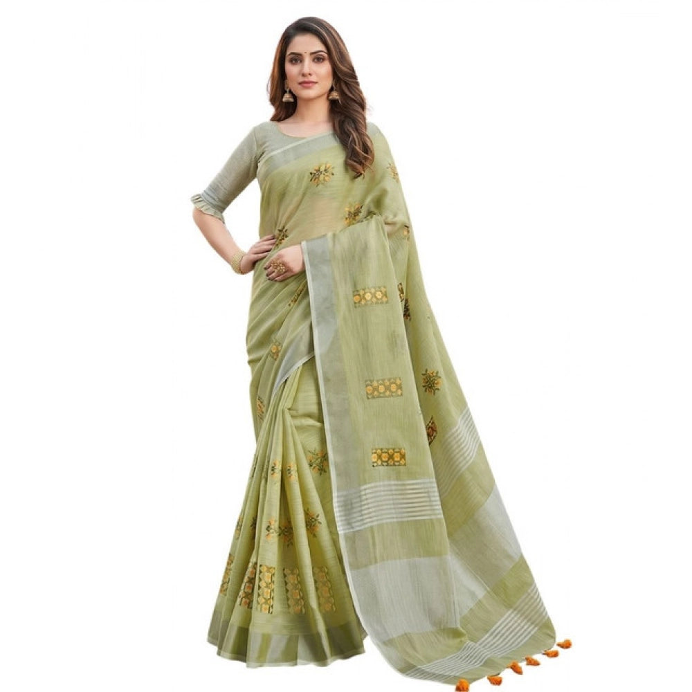 Women's Linen Embroidered Saree With Unstitched Blouse 5.5 Mtr (Light Green)
