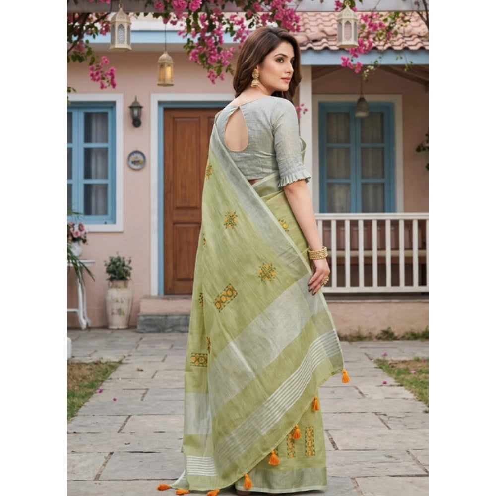 Women's Linen Embroidered Saree With Unstitched Blouse 5.5 Mtr (Light Green)