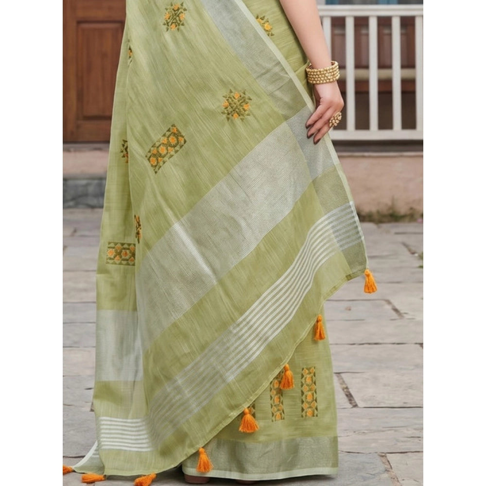 Women's Linen Embroidered Saree With Unstitched Blouse 5.5 Mtr (Light Green)