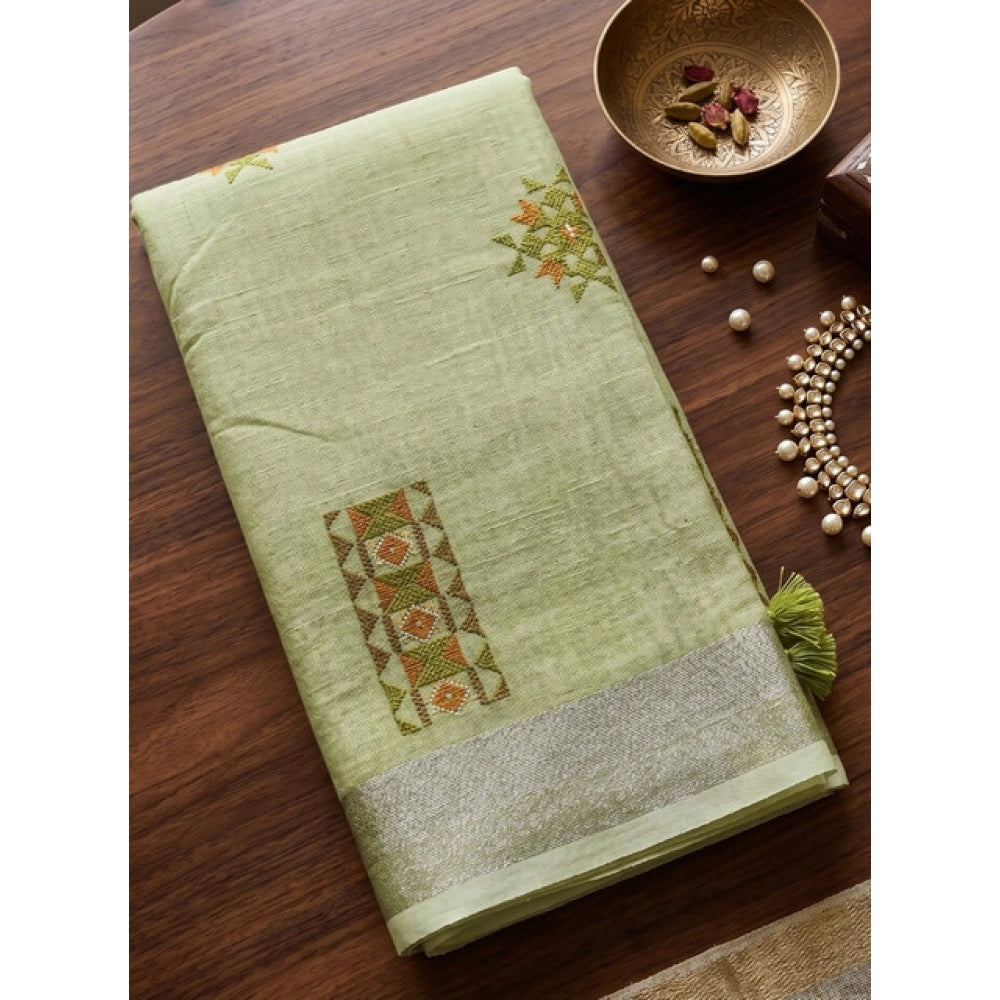 Women's Linen Embroidered Saree With Unstitched Blouse 5.5 Mtr (Light Green)