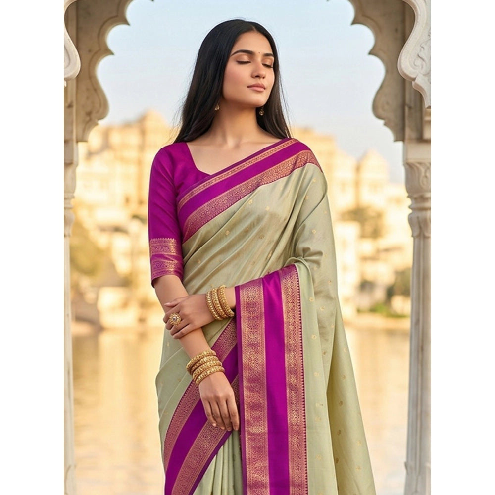 Women's Silk Blend Printed Saree With Unstitched Blouse 5.5 Mtr (Light Green-Pink)