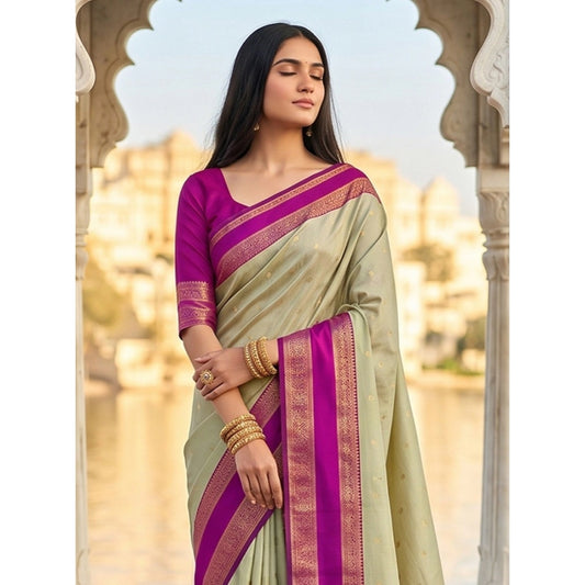 Women's Silk Blend Printed Saree With Unstitched Blouse 5.5m (Light Green-Pink)