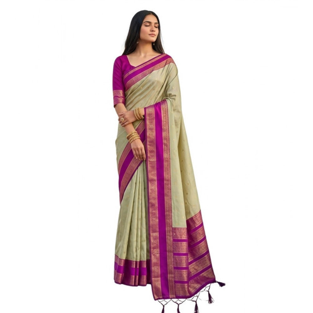 Women's Silk Blend Printed Saree With Unstitched Blouse 5.5 Mtr (Light Green-Pink)