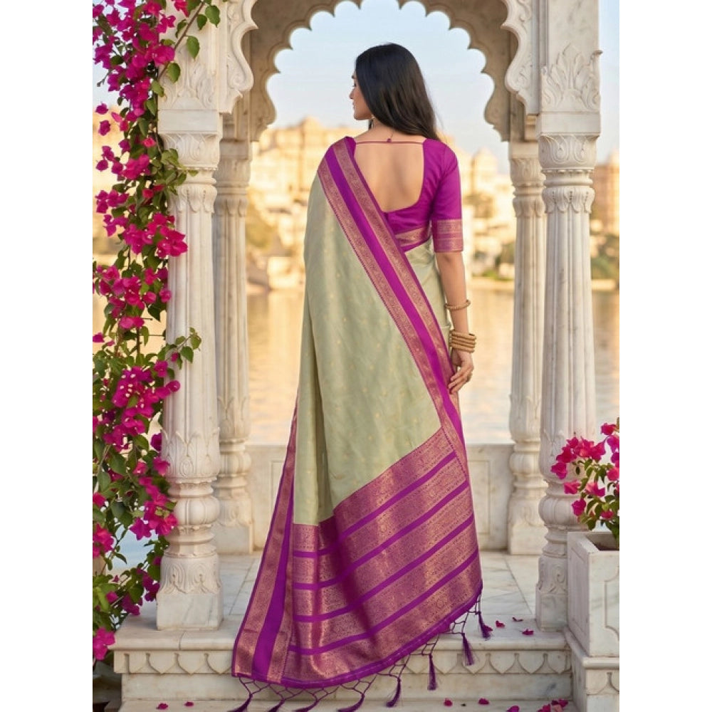 Women's Silk Blend Printed Saree With Unstitched Blouse 5.5 Mtr (Light Green-Pink)